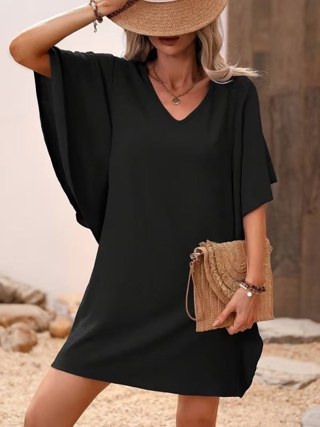 Mamo Siyah Mini V Yaka Krep Elbise - Mamo kadın butik elbise