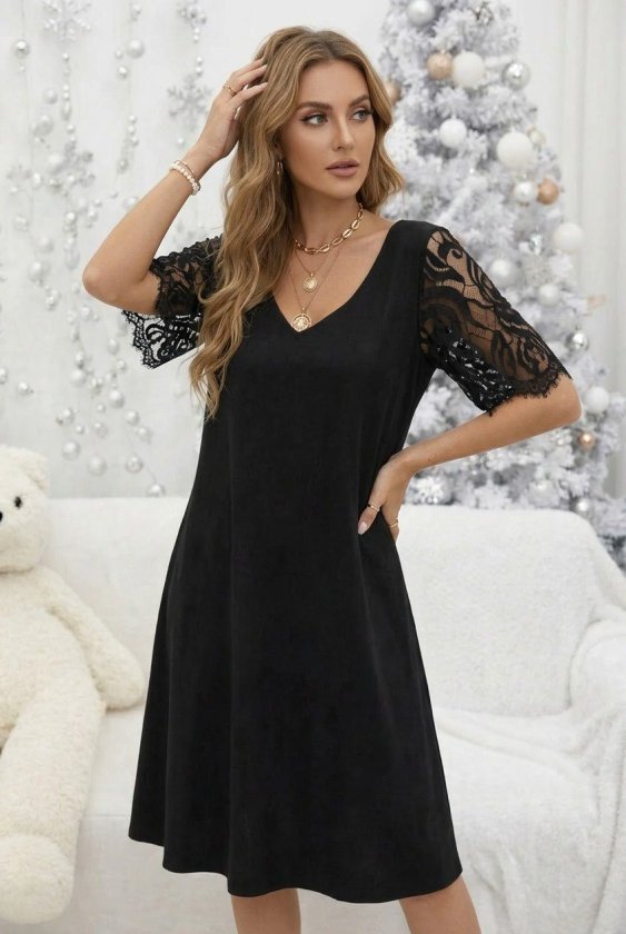 Mamo Siyah Mini V Yaka Dantel Detaylı Elbise - Mamo kadın butik elbise