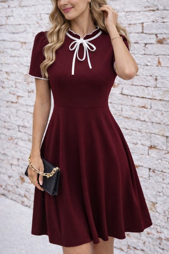 Mamo Bordo Mini Fırfır Detaylı Krep Elbise - Mamo kadın butik elbise