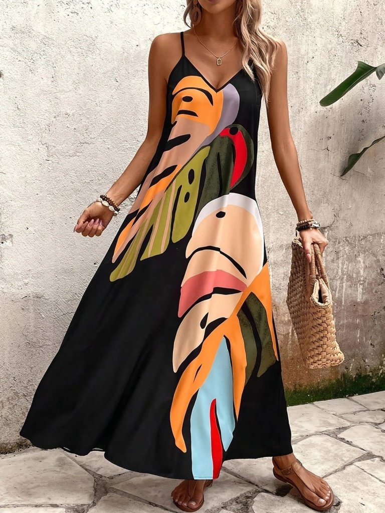 Mamo Siyah Uzun Askılı V Yaka Elbise - Mamo kadın butik elbise