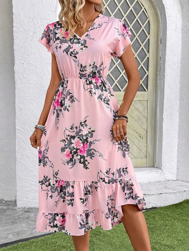 Mamo Pembe Mini V Yaka Desenli Elbise - Mamo kadın butik elbise