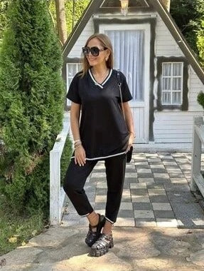 Mamo Siyah V Yaka Takım - Mamo kadın butik takım