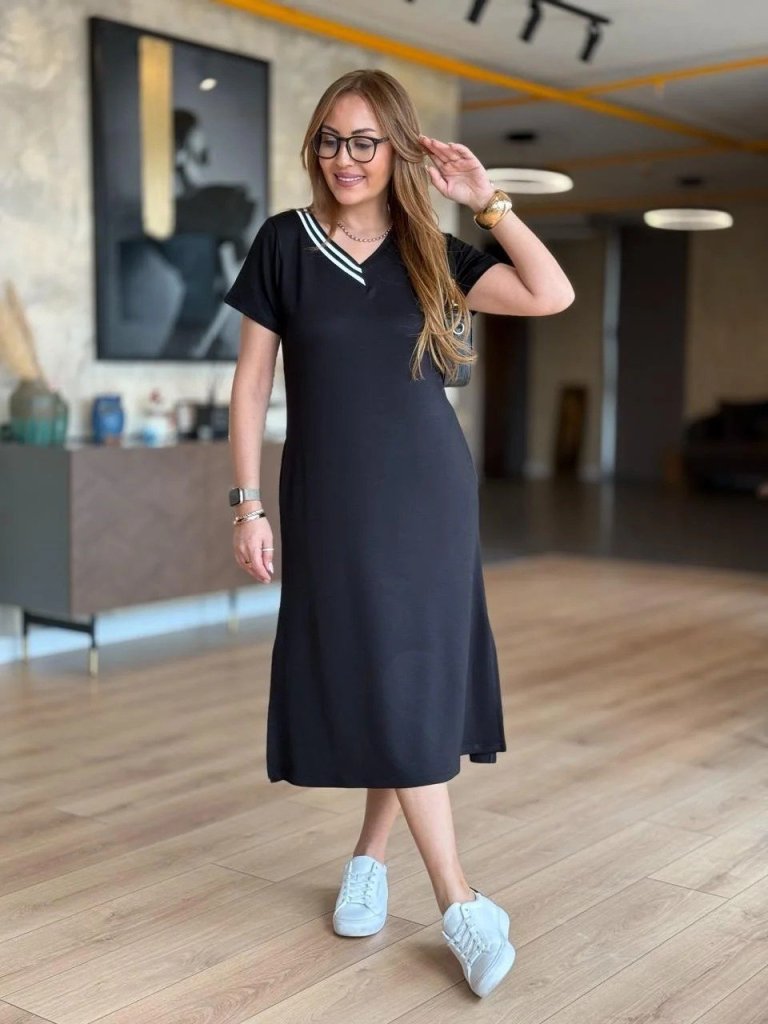 Mamo Siyah Mini Yırtmaç Detaylı Viskon Elbise - Mamo kadın butik elbise