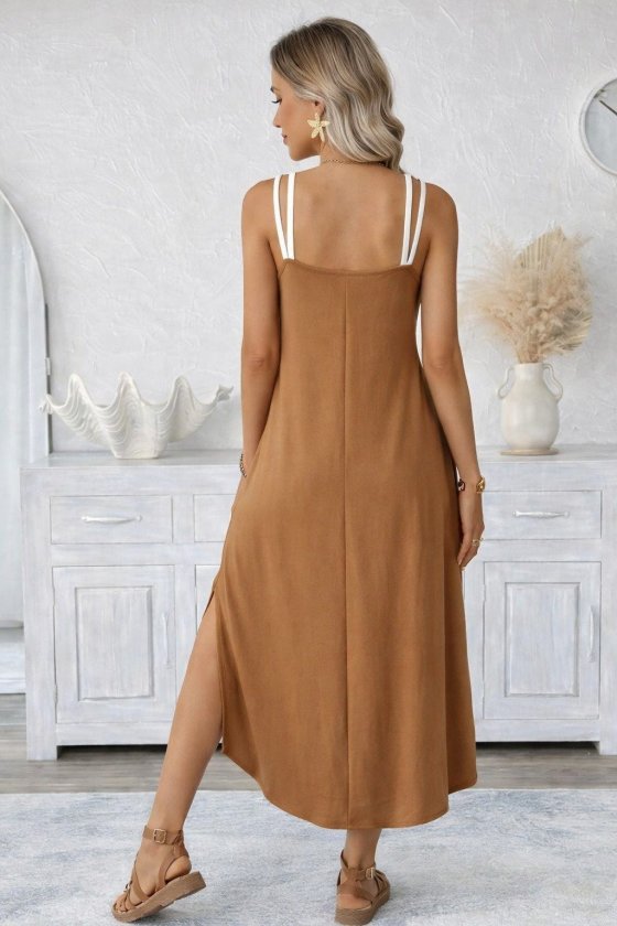 Mamo Sütlü Kahve Uzun Askılı Cepli Elbise - Mamo kadın butik elbise