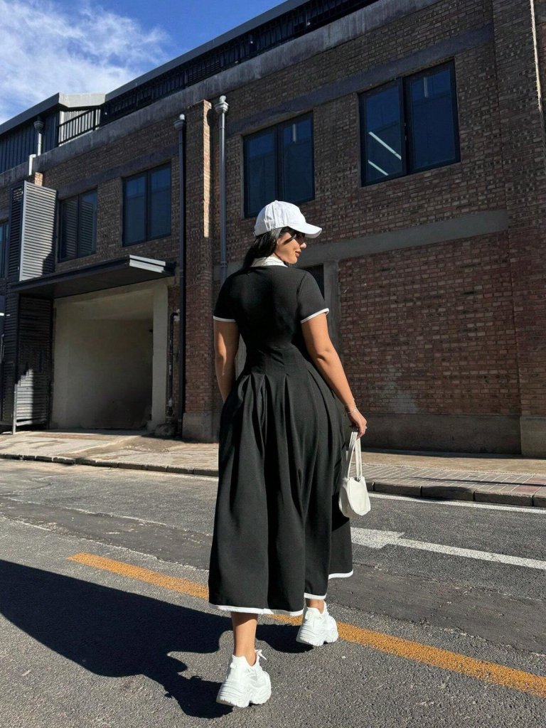 Mamo Siyah Mini V Yaka Krep Elbise - Mamo kadın butik elbise