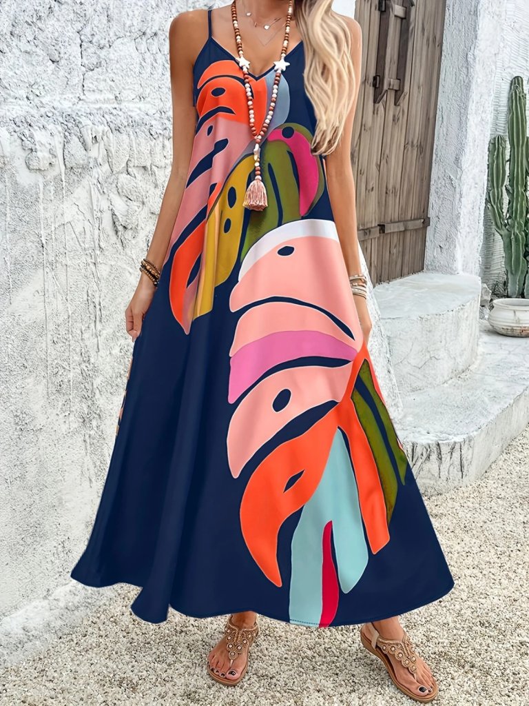 Mamo Lacivert Uzun Askılı V Yaka Elbise - Mamo kadın butik elbise