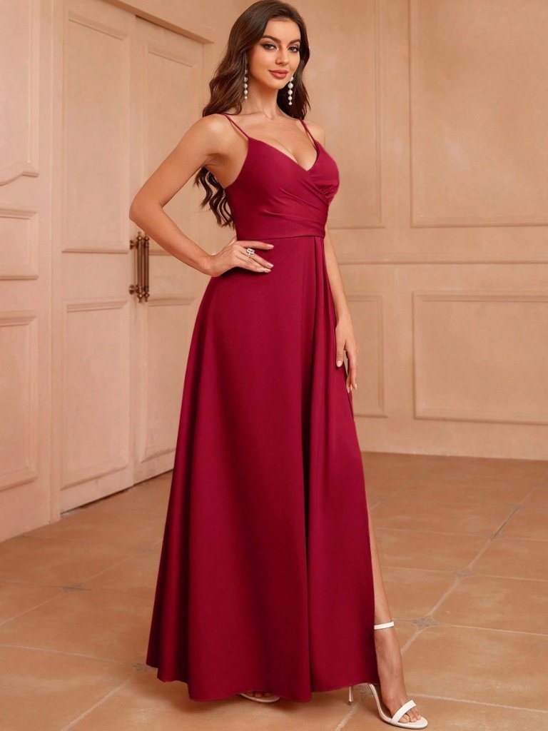 Mamo Bordo Uzun Askılı Kruvaze Elbise - Mamo kadın butik elbise