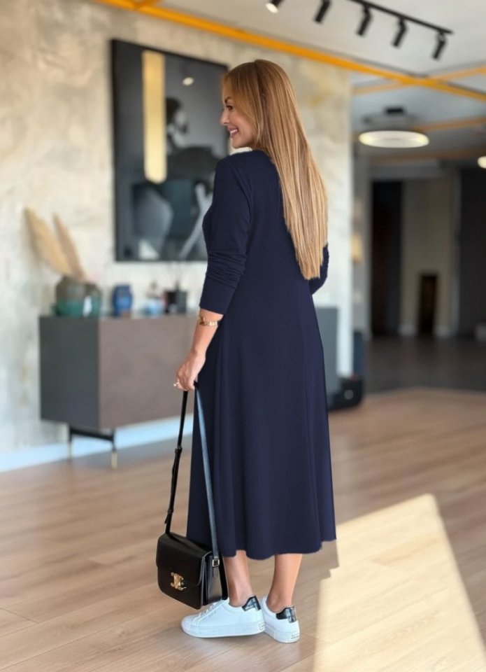 Mamo Lacivert Midi V Yaka Elbise - Mamo kadın butik elbise