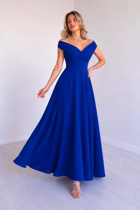 Mamo Mavi Uzun Kruvaze Krep Elbise - Mamo kadın butik elbise