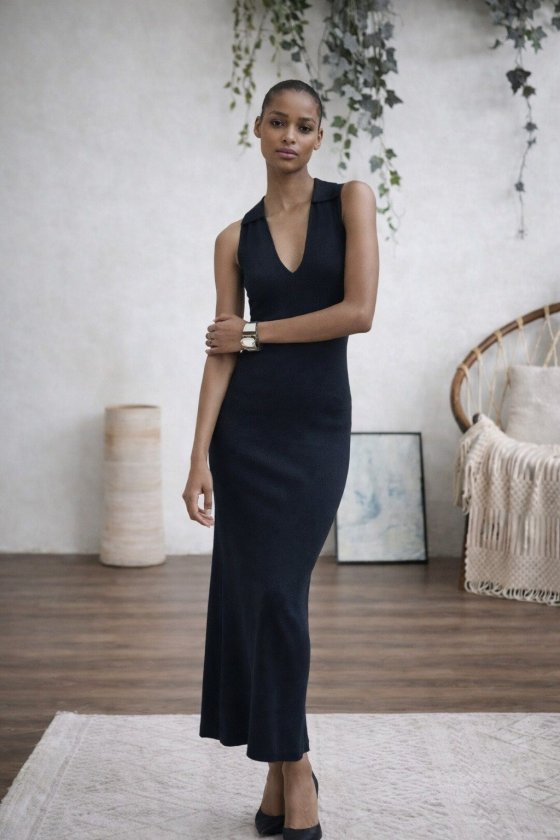 Mamo Siyah Uzun V Yaka Triko Elbise - Mamo kadın butik elbise