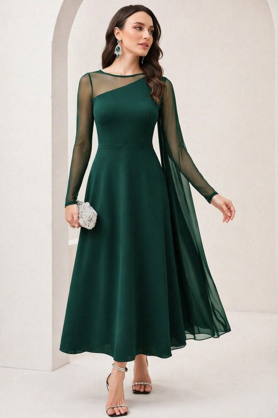 Mamo Yeşil Uzun Tül Detaylı Elbise - Mamo kadın butik elbise