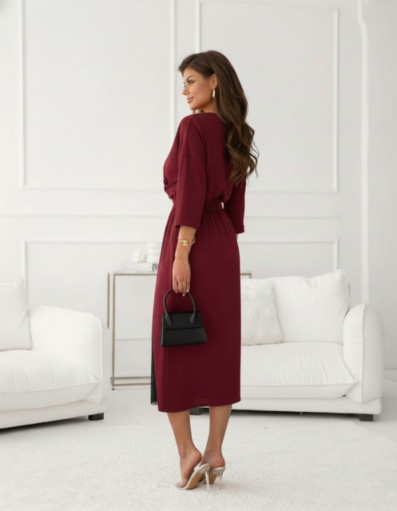 Mamo Bordo Midi Kruvaze Dantel Detaylı Elbise - Mamo kadın butik elbise