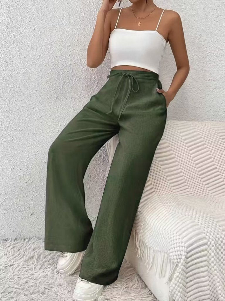 Mamo Yeşil Sim Detaylı Bağlamalı Keten Pantolon - Mamo kadın butik alt giyim