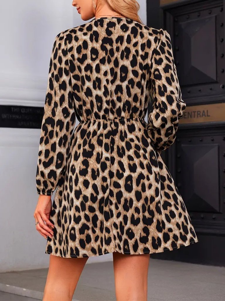 Mamo Leopar Mini Kruvaze Desenli Elbise - Mamo kadın butik elbise