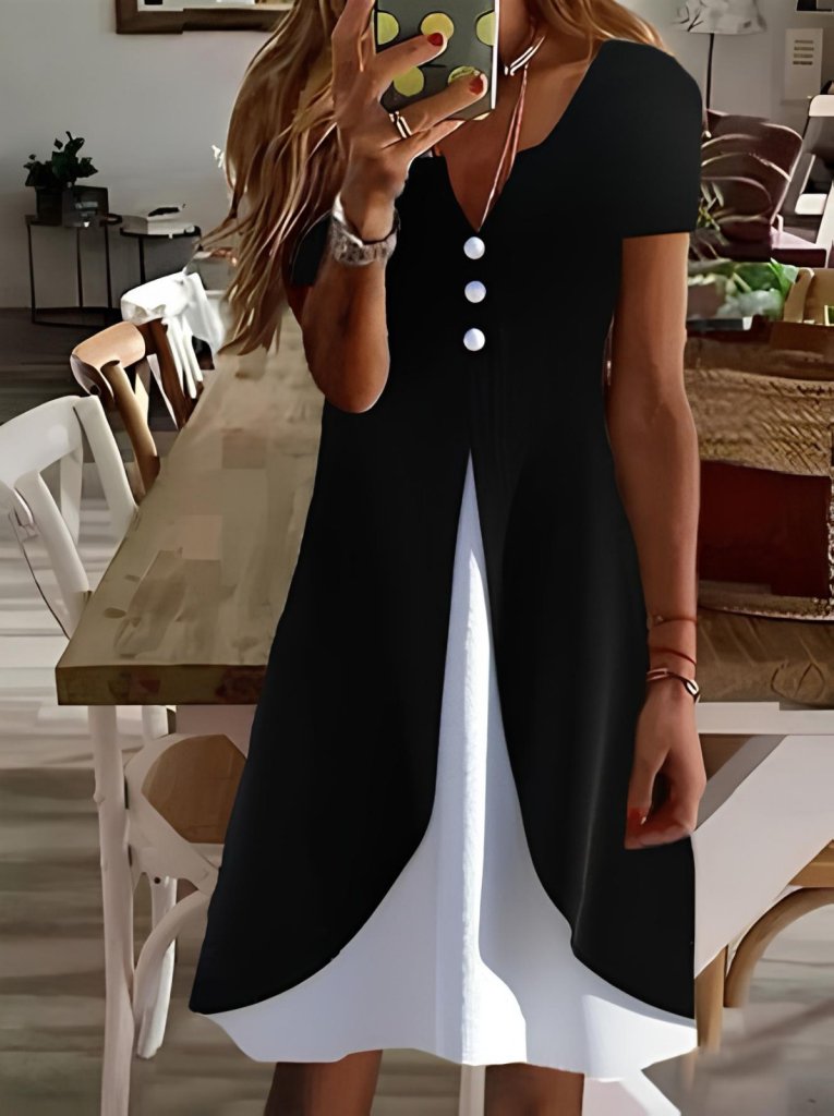Mamo Siyah Mini V Yaka Viskon Elbise - Mamo kadın butik elbise