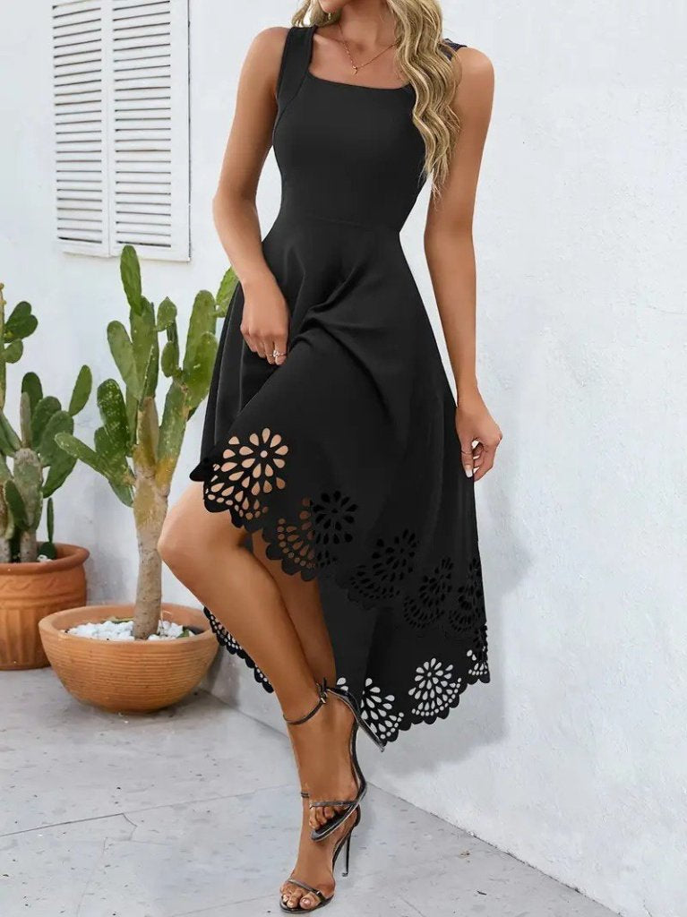 Mamo Siyah Askılı Sim Detaylı Desenli Elbise - Mamo kadın butik elbise