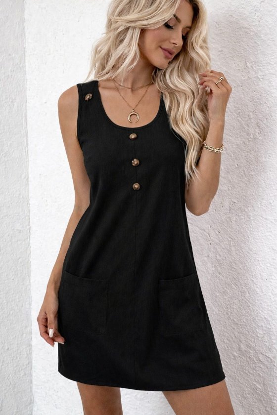 Mamo Siyah Mini Askılı Cepli Elbise - Mamo kadın butik elbise