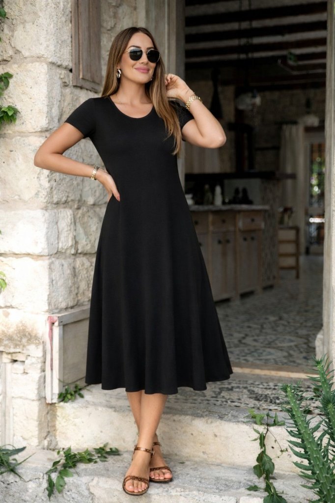 Mamo Siyah Mini V Yaka Viskon Elbise - Mamo kadın butik elbise