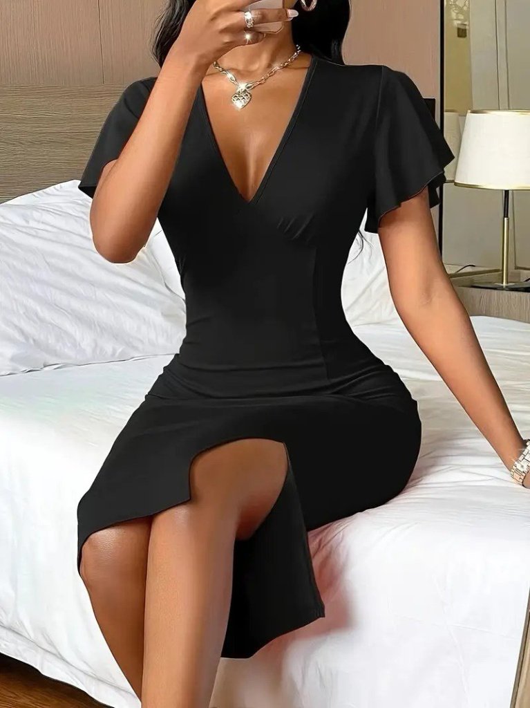Mamo Siyah Midi V Yaka Yırtmaç Detaylı Elbise - Mamo kadın butik elbise