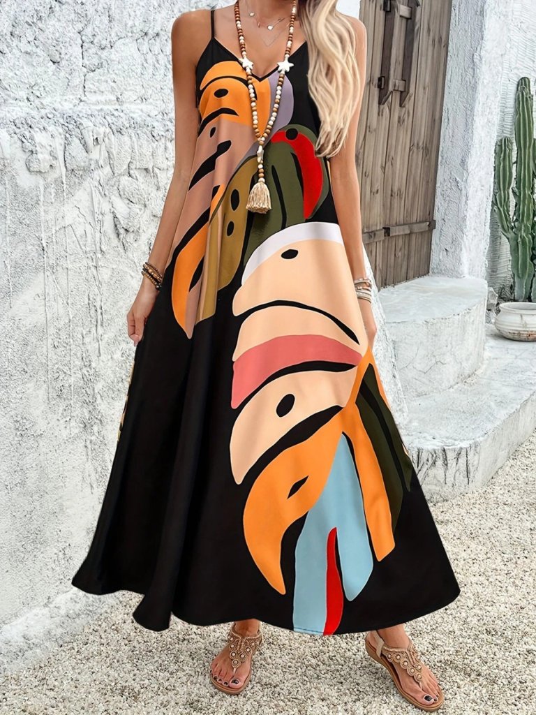 Mamo Siyah Uzun Askılı V Yaka Elbise - Mamo kadın butik elbise