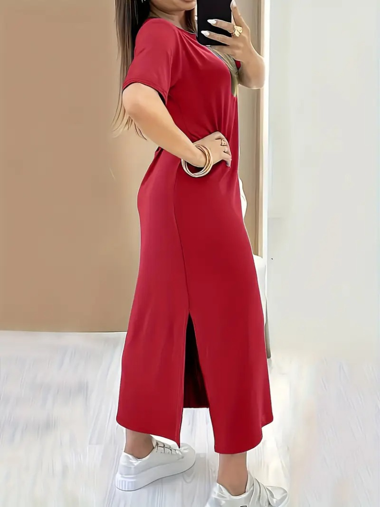 Mamo Kırmızı Yırtmaç Detaylı Elbise - Mamo kadın butik elbise