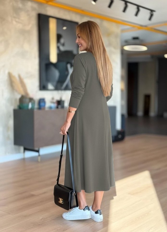 Mamo Yeşil Midi V Yaka Elbise - Mamo kadın butik elbise
