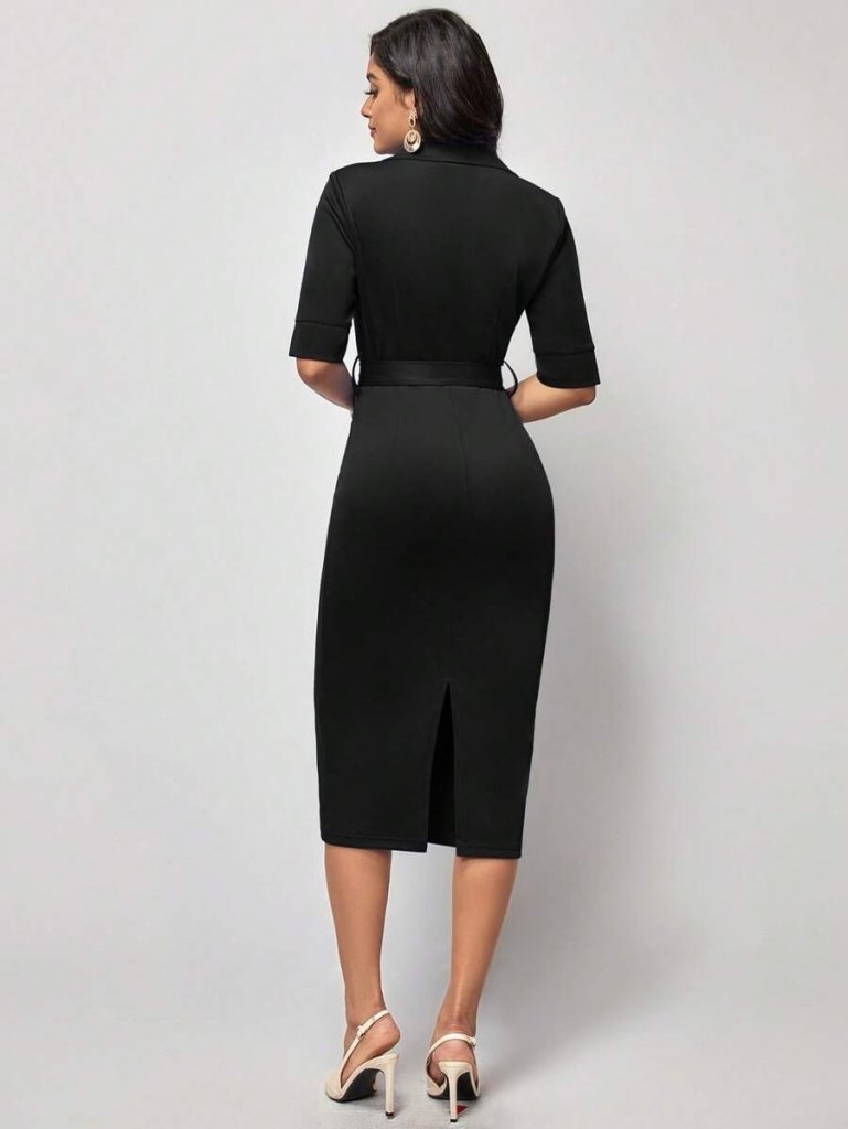 Mamo Siyah Midi Kruvaze Elbise - Mamo kadın butik elbise