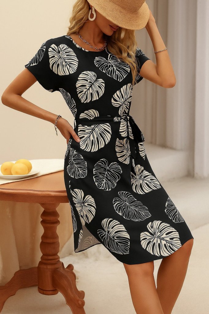 Mamo Desenli Mini Kuşaklı Elbise - Mamo kadın butik elbise