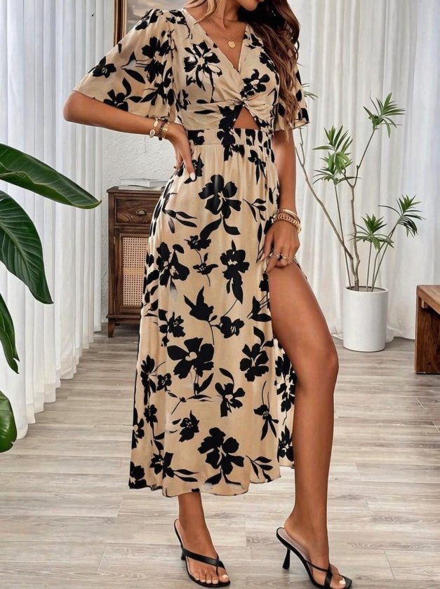 Mamo Kahve Mini V Yaka Yırtmaç Detaylı Elbise - Mamo kadın butik elbise
