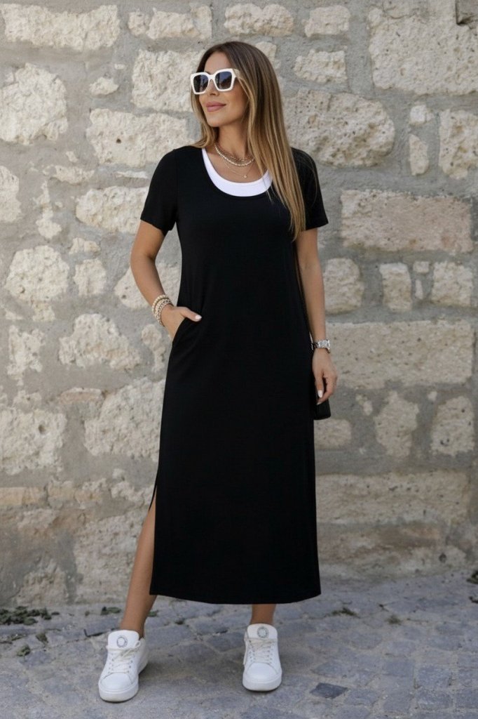 Mamo Siyah Mini Yırtmaç Detaylı Viskon Elbise - Mamo kadın butik elbise