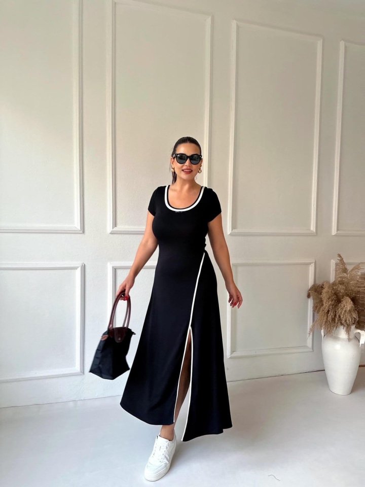 Mamo Siyah Yırtmaç Detaylı Viskon Elbise - Mamo kadın butik elbise