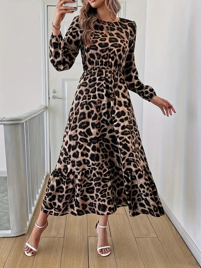 Mamo Leopar Midi Desenli Elbise - Mamo kadın butik elbise