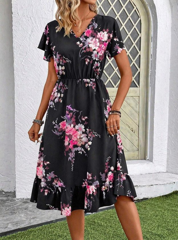 Mamo Siyah Mini V Yaka Desenli Elbise - Mamo kadın butik elbise
