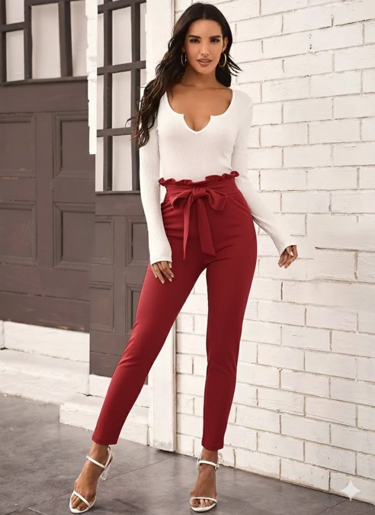 Mamo Bordo Fırfır Detaylı Bağlamalı Krep Pantolon - Mamo kadın butik alt giyim