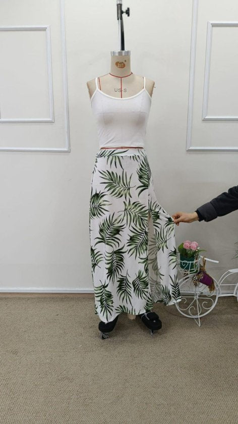 Mamo Beyaz Askılı Yırtmaç Detaylı Desenli Takım - Mamo kadın butik takım