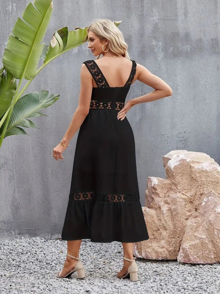 Mamo Siyah Askılı Dantel Detaylı Krep Elbise - Mamo kadın butik elbise