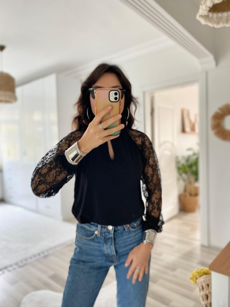 Mamo Siyah Tül Detaylı Bluz - Mamo kadın butik bluz