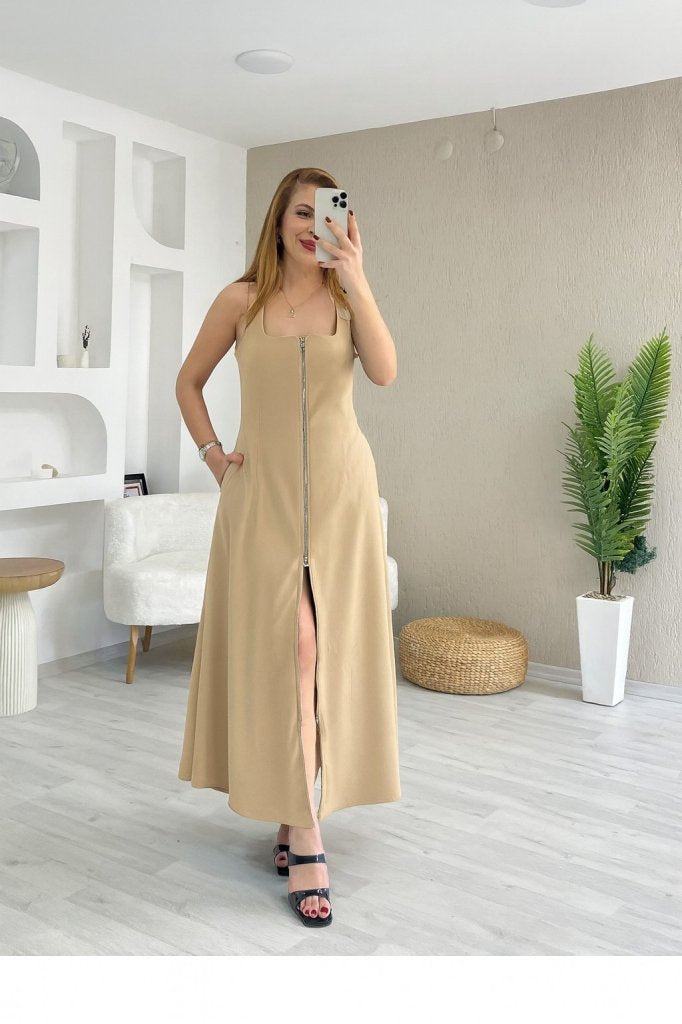 Mamo Bej Askılı Sim Detaylı Krep Elbise - Mamo kadın butik elbise