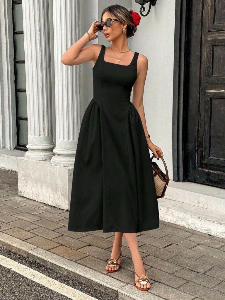 Mamo Siyah Uzun Askılı Kare Yaka Elbise - Mamo kadın butik elbise