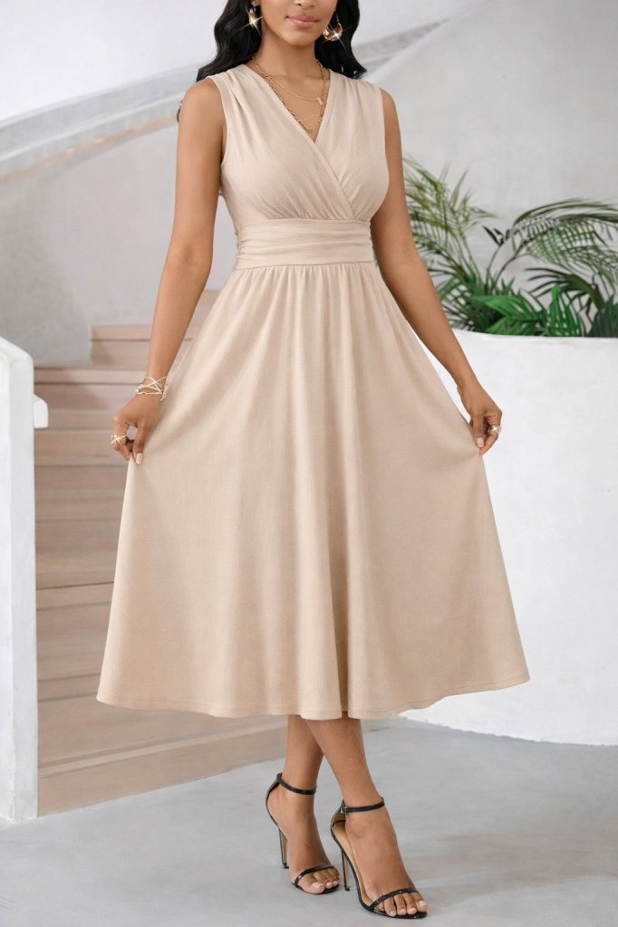 Mamo Bej Midi Askılı Kruvaze Elbise - Mamo kadın butik elbise