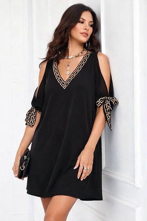 Mamo Siyah Mini V Yaka Elbise - Mamo kadın butik elbise