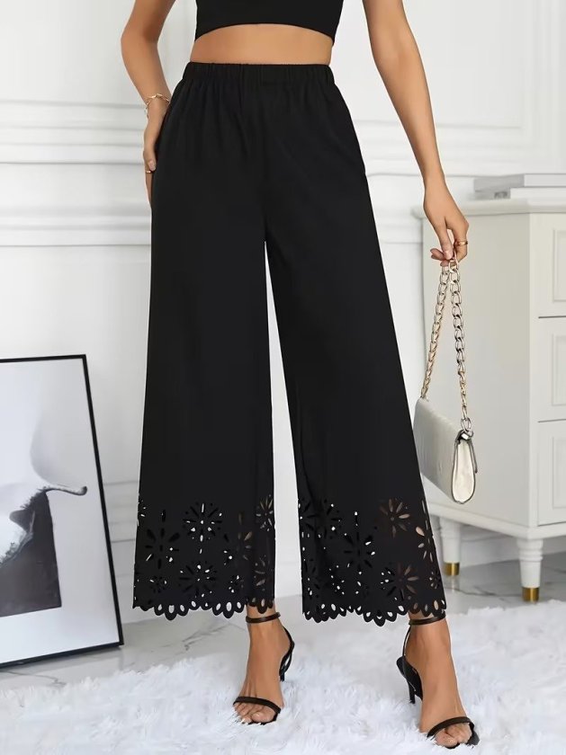 Mamo Siyah Sim Detaylı Desenli Krep Pantolon - Mamo kadın butik alt giyim