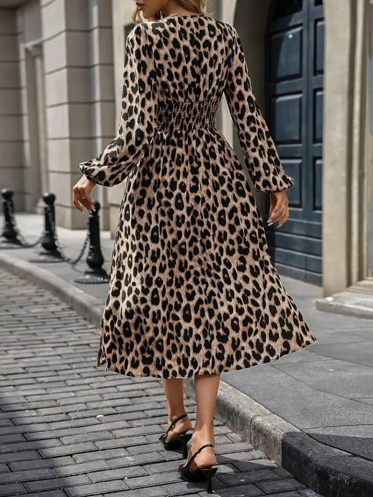 Mamo Leopar Midi Kruvaze Desenli Elbise - Mamo kadın butik elbise