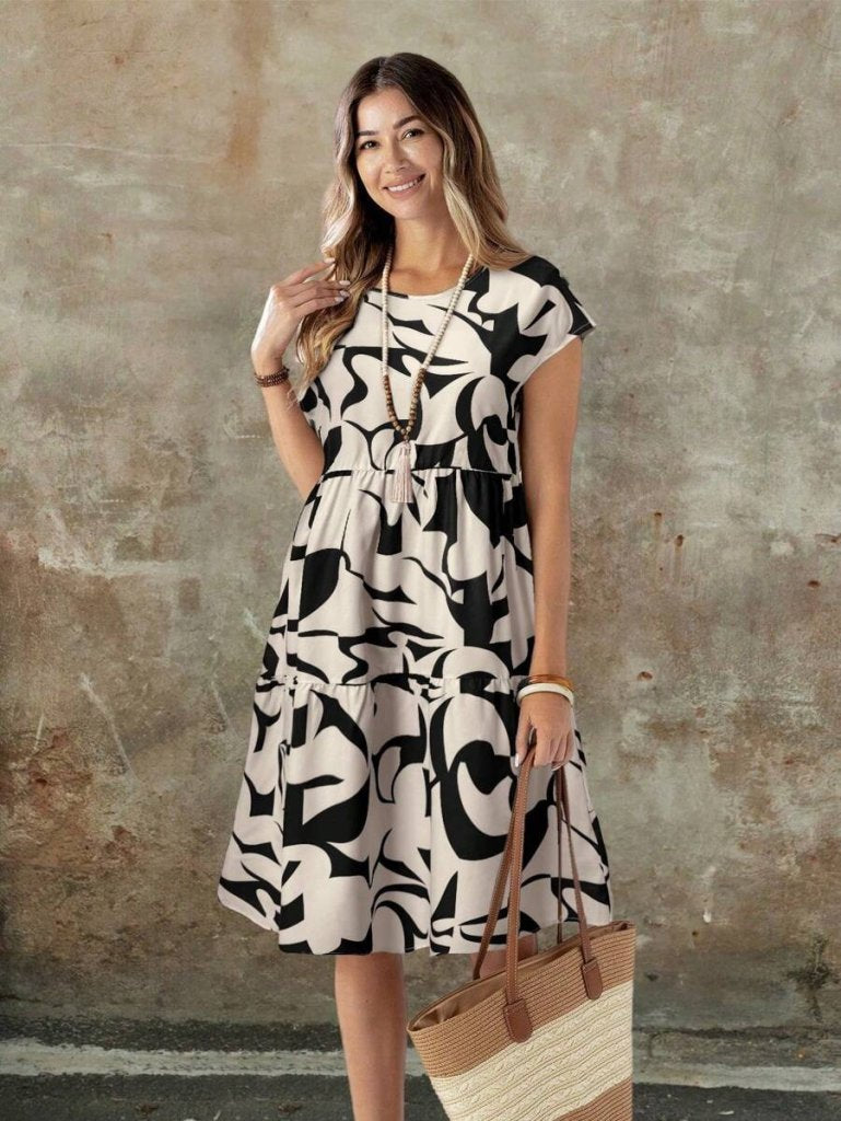 Mamo Bej Mini Fırfır Detaylı Desenli Elbise - Mamo kadın butik elbise