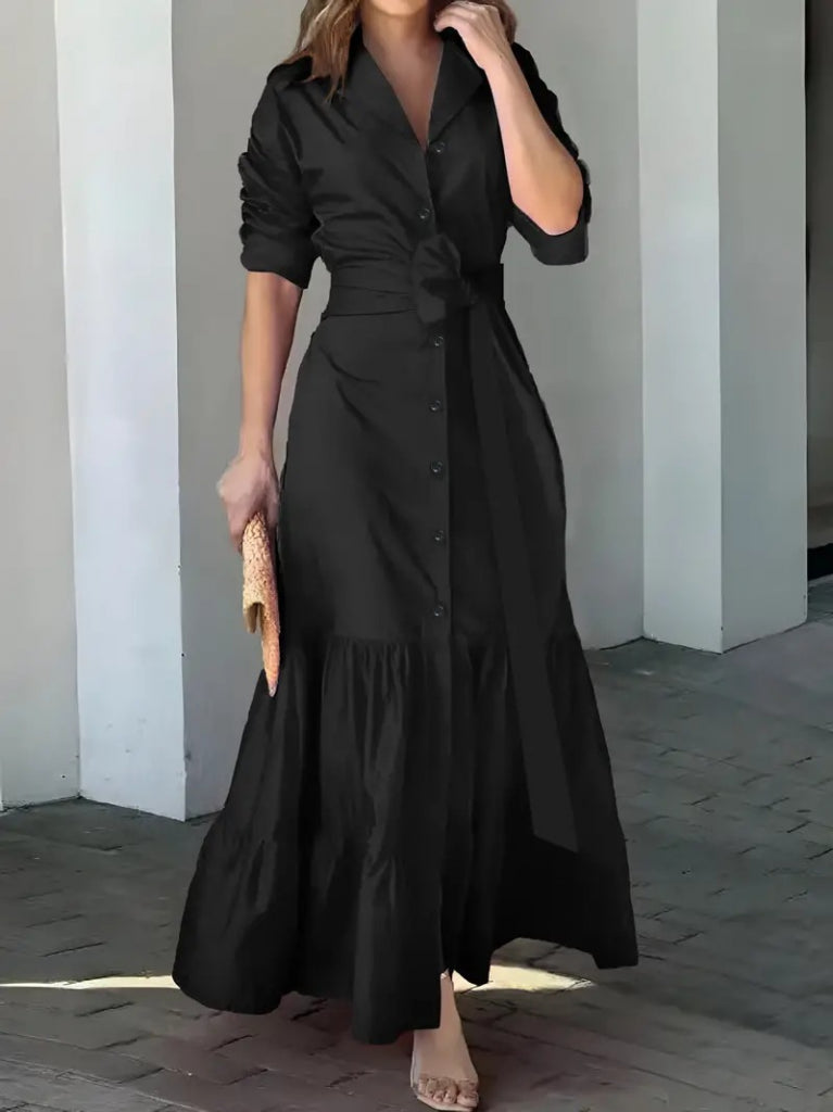 Mamo Siyah Uzun Fırfır Detaylı Kuşaklı Elbise - Mamo kadın butik elbise