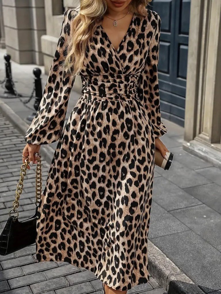 Mamo Leopar Midi Kruvaze Desenli Elbise - Mamo kadın butik elbise