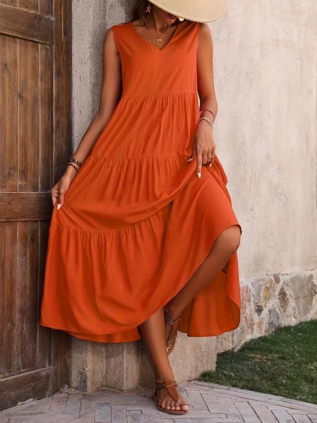 Mamo Turuncu Uzun Askılı V Yaka Elbise - Mamo kadın butik elbise