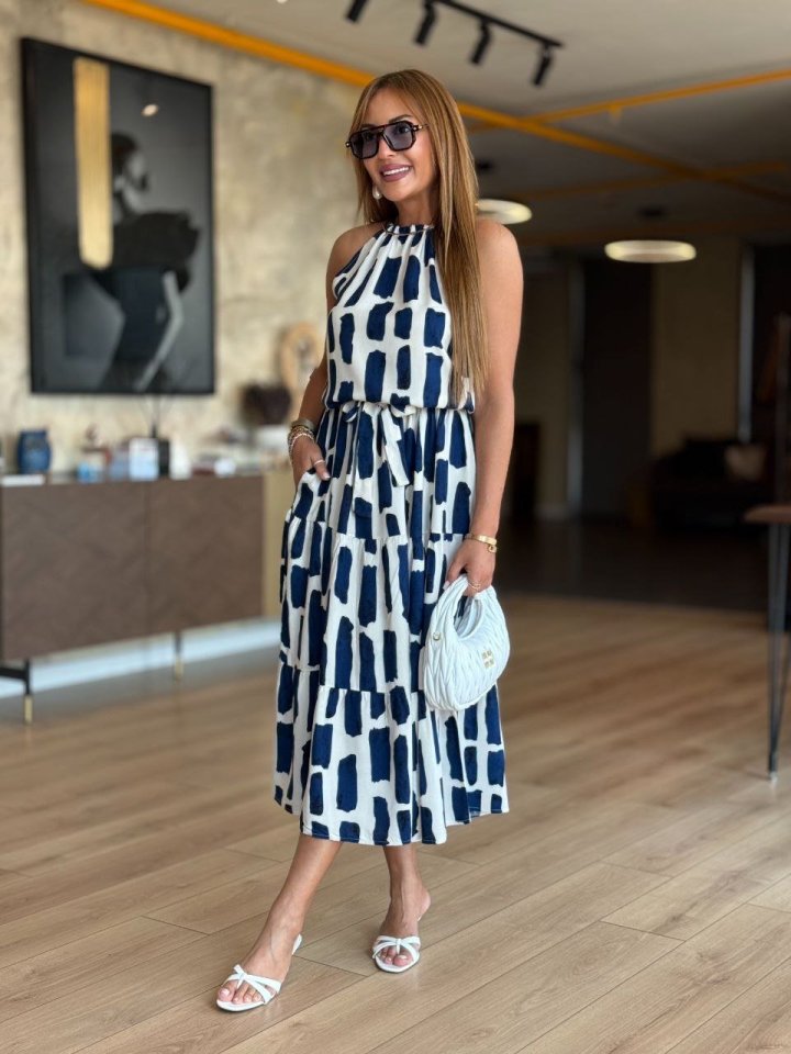 Mamo Mavi Midi Askılı Halter Yaka Elbise - Mamo kadın butik elbise