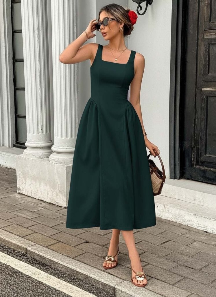 Mamo Yeşil Uzun Askılı Kare Yaka Elbise - Mamo kadın butik elbise