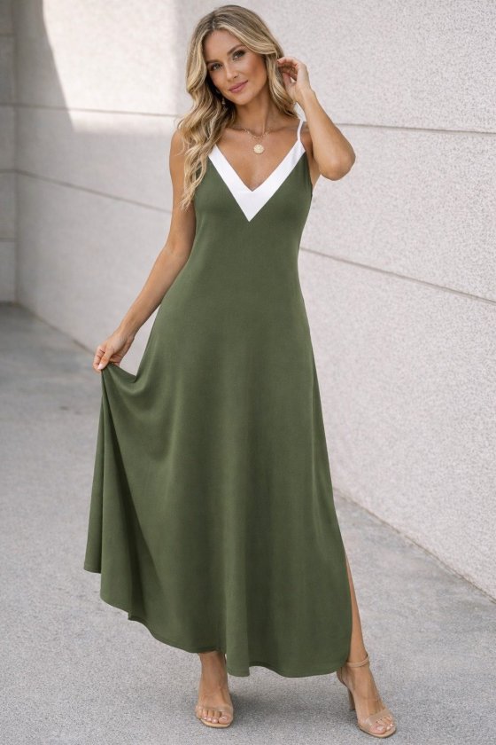 Mamo Haki Uzun Askılı V Yaka Elbise - Mamo kadın butik elbise